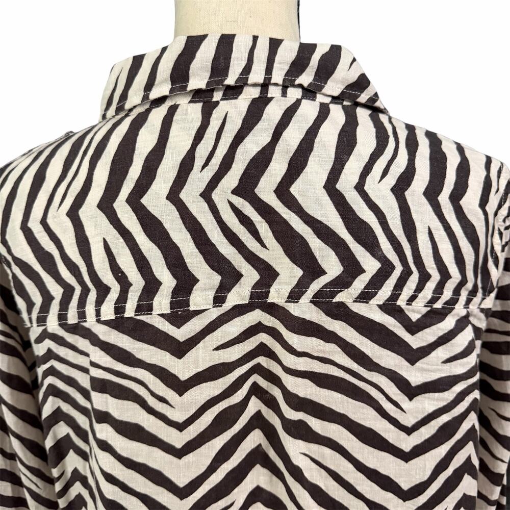 Tahari Wmn Cream Zebra Print 100% Linen Lagenlook Roll Tab Sleeve Tunic Top Sz L - Picture 4 of 5